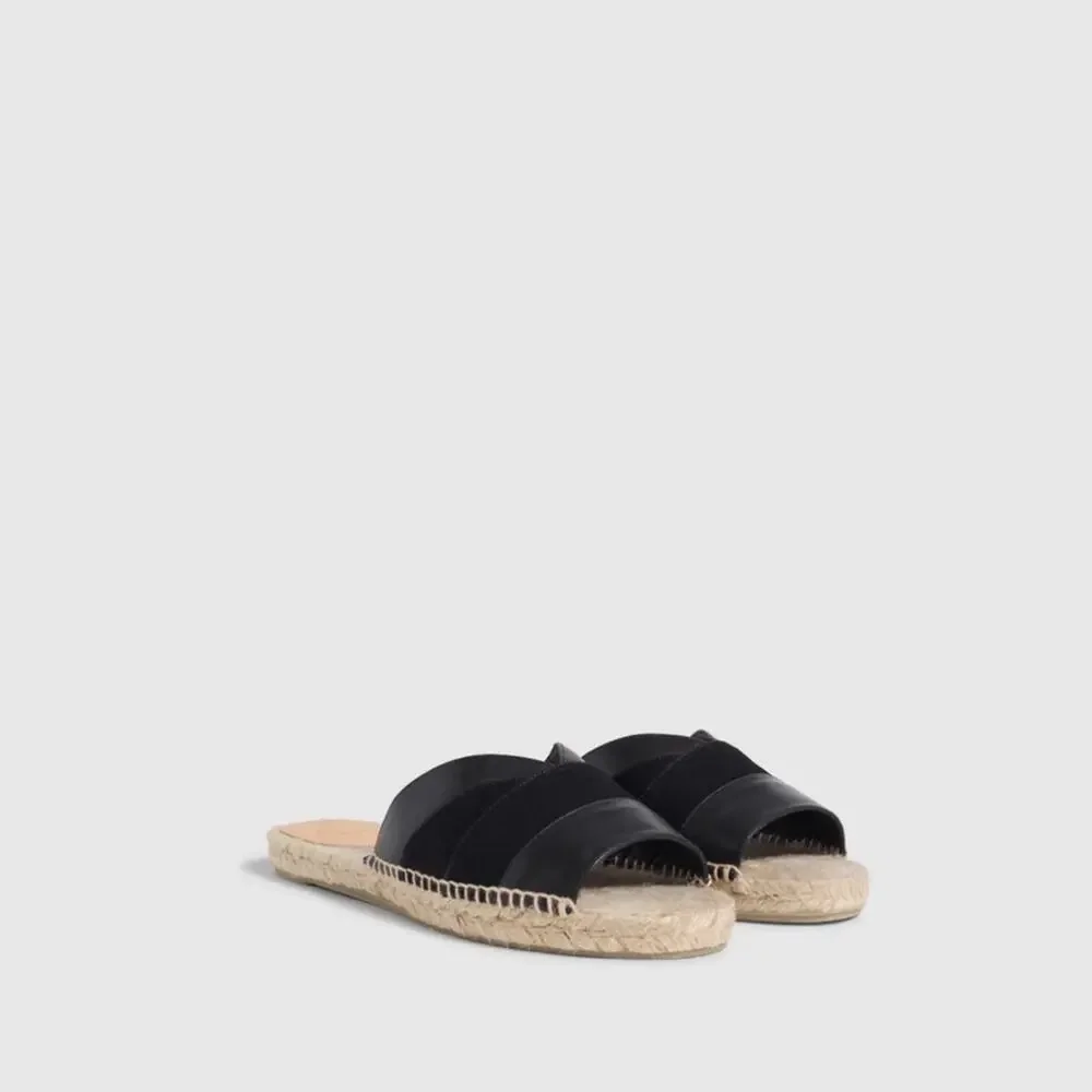 Castañer Pasi Black Leather Espadrille Slides Flat Sandals Size 5 Summer Chic